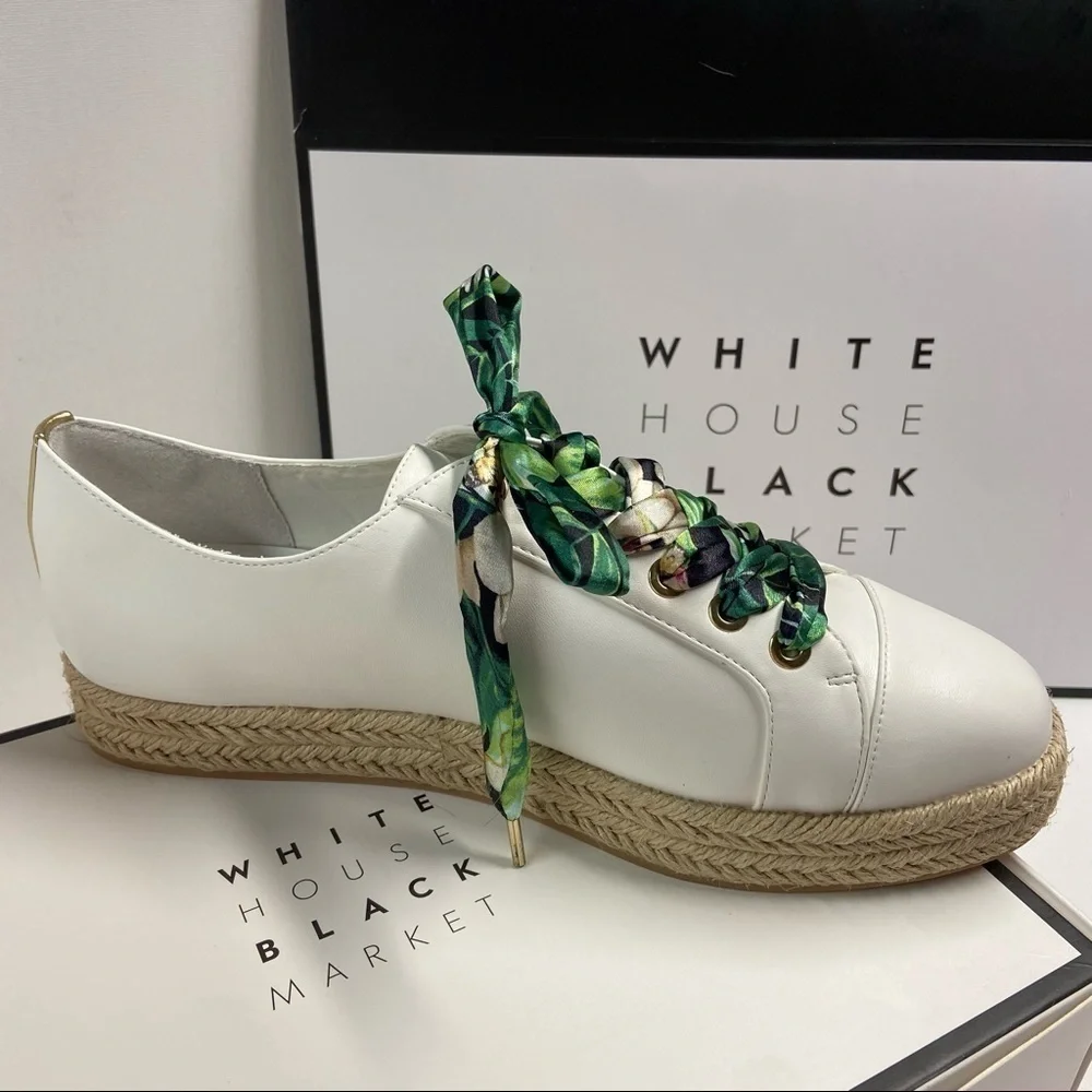 White House Black Market White Espadrille Sneakers with Green Tropical L… - Picture 13 of 14